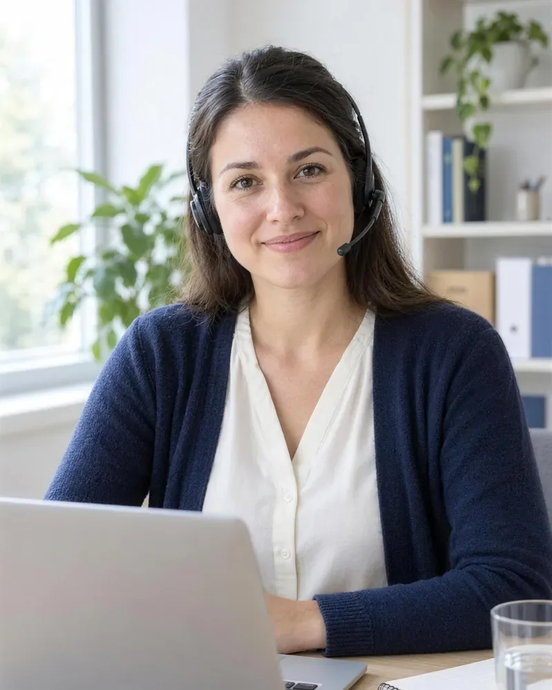 Beraterin der Digitale Leute School mit Headset